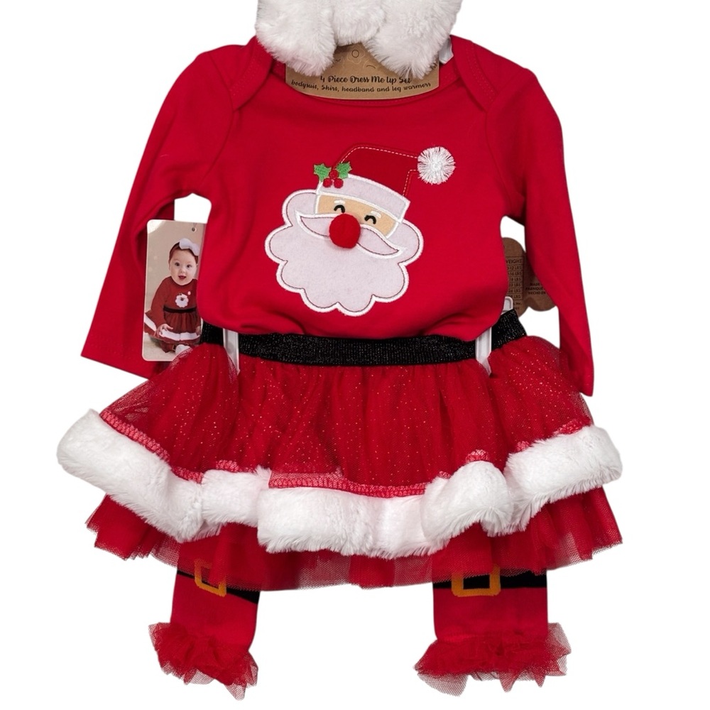 Santa 4 Piece Baby Girl Onesie Stockings Skirt & Headband Bow Christmas NWT 3 mo